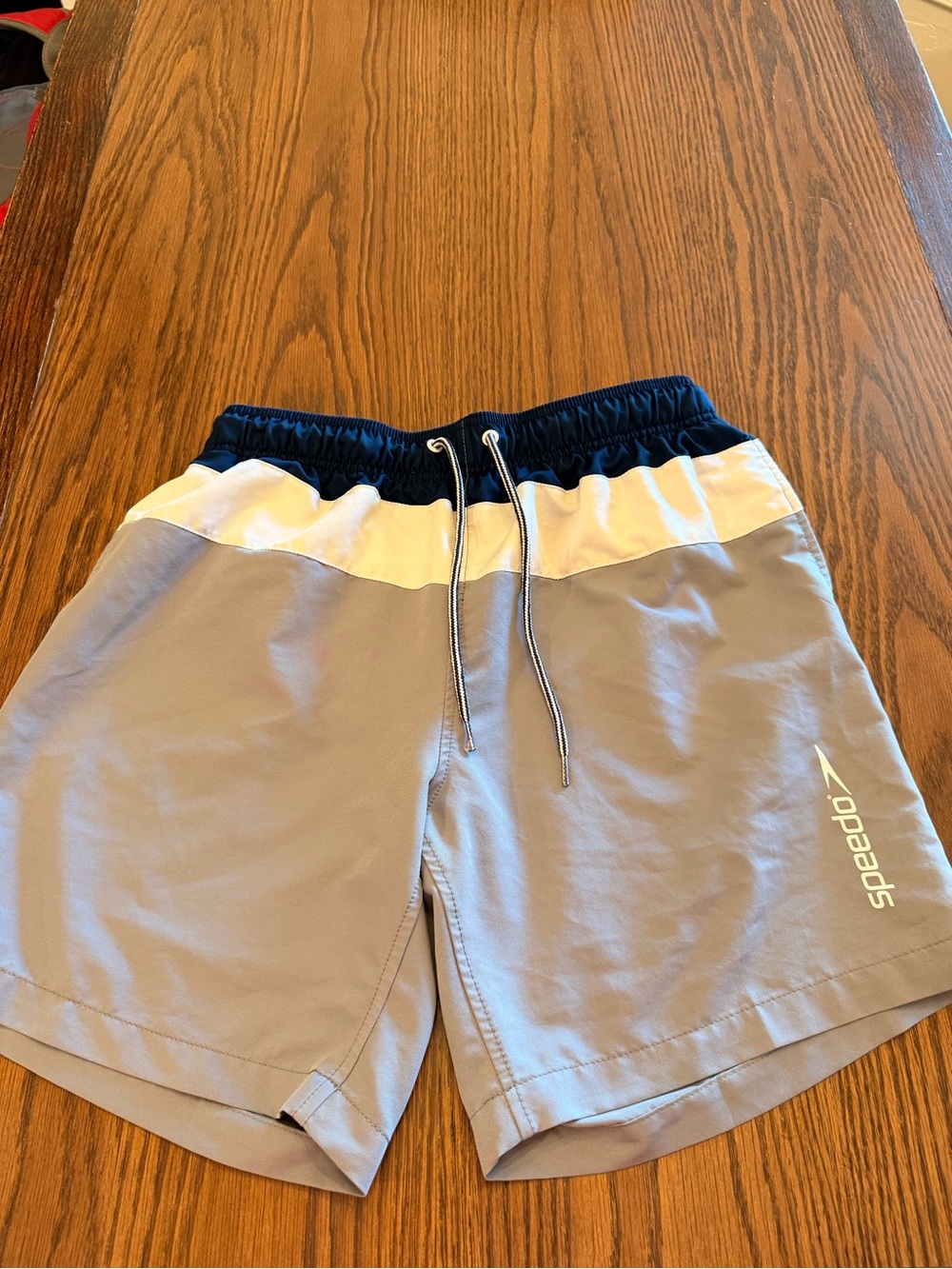 Speedo Men’s Light Gray, Navy & White Athletic Swim Shorts